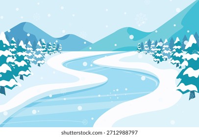 Scenic winter vector illustration featuring a winding frozen river or snowy path flowing through a pine forest and mountains.