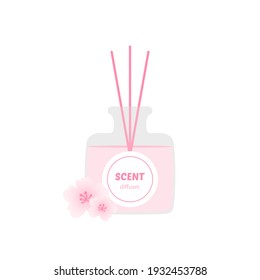 Scent diffuser, aromatherapy oil diffuser bottle with wooden sticks and pink flowers vector icon, illustration.