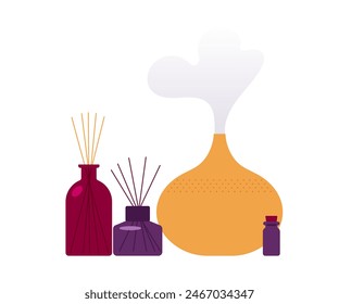 Scent diffusers - reed and home aroma devices. Aromatherapy, essential oils, ultimate wellness, health care, sleeping well. Minimalist vector illustration, isolated on white