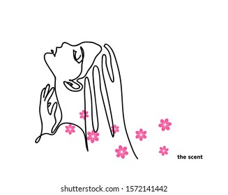 Scent, flavor, Eau de Toilette promotional vector banner. Woman, girl profile, contour. Flower scent.One continuous line drawing.