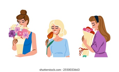 scent smelling flower woman  vector.  bouquet essence, petals bloom, garden nature scent smelling flower woman character. people flat cartoon illustration