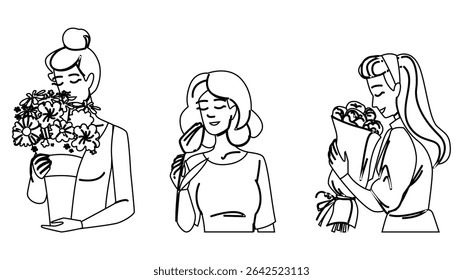aroma flor mulher vetor. essência bouquet, pétalas florescer, jardim natureza aroma flor mulher personagem. pessoas linha preta lápis desenho ilustração