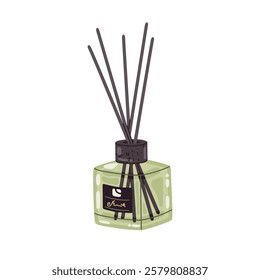 Scented aroma diffuser. Aromatic diffuser jar with bamboo sticks, aromatherapy essential oils and liquids flat vector illustration. Home aroma diffuser bottle on white