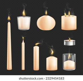 Cera aromática perfumada o velas de parafina en diferentes estilos y formas. Luz vectorial con humo, fundiendo pilar y taper, voz y luz tenue. Lámpara multimecha realista