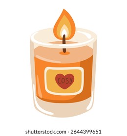 Scented autumn candle in glass jar with warm fall colors with heart label. Fall Home decor. Cartoon vector illustration 