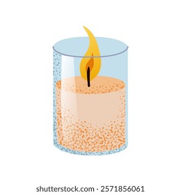 Scented burning candle in a glass holder. Candle on transparent clear glass jar. Aroma candle hand drawn vector illustration isolated on white background.