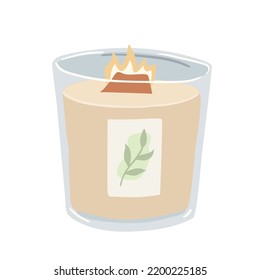 Scented burning candle in a glass jar isolated on white background. Aromatherapy and relax hand draw vector illustration. Create romantic atmosphere, home decor