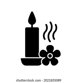 Scented candle black glyph manual label icon. Fragrant oils and wax mixture. Burning with pleasant aroma. Silhouette symbol on white space. Vector isolated illustration for product use instructions