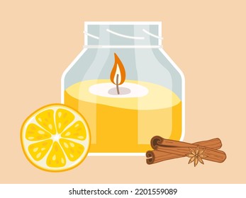Scented candle. Burning candle in glass jar with spices isolated on orange background. Burning candle. Aromatherapy, relaxation design element. Cozy glowing objects with fire flame. Cozy candles