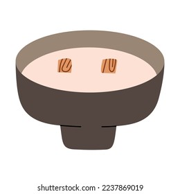 Scented candle in ceramic pot with two wooden wicks, modern interior decoration, aromatic candle illustration isolated on white background. Colored clip art