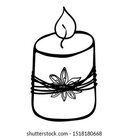 Scented candle with Cinnamon. Coloring page, book Doodle illustration. Symbol of celebration and comfort. New Year Christmas. Cozy Home