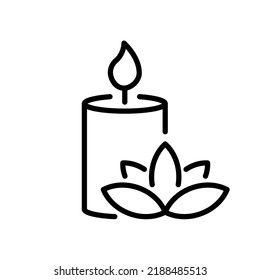 Scented Candle And Flower Line Icon. Aroma Therapy Diffuser Light Linear Pictogram. Burning Candle In Jar Aromatherapy Outline Icon. Candlelight. Editable Stroke. Isolated Vector Illustration.