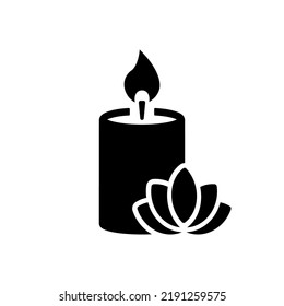 Scented Candle And Flower Silhouette Icon. Aroma Therapy Diffuser Light Pictogram. Burning Candle In Jar Aromatherapy Black Icon. Candlelight. Isolated Vector Illustration.