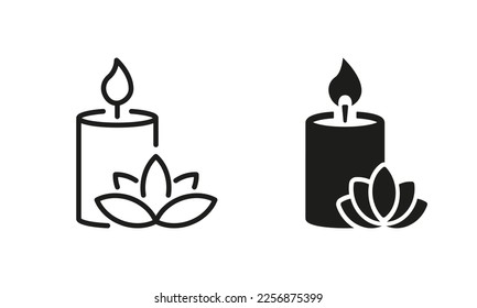 Scented Candle and Flower Silhouette and Line Icon Set. Aroma Therapy Diffuser Light Pictogram. Burning Candle in Jar Aromatherapy Icon. Candlelight. Editable Stroke. Isolated Vector Illustration.