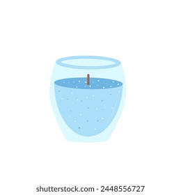 Scented candle in glass. Handmade spa candlelight isolated in white background. Hygge time. Aromatherapy and relaxation home decor. Vector flat illustration.