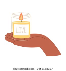 Scented candle in hand in flat style