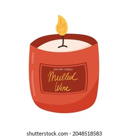 Scented candle in jar, flat vector illustration isolated on white background. Hand drawn candle with mulled wine smell for Christmas.