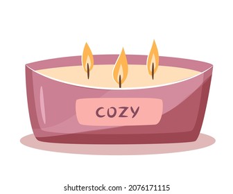 Scented candle in a jar isolated on white background. Hygge time. Cozy aroma candle. Hand drawn flat vector illustration.