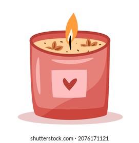 Scented candle in a jar isolated on white background. Hygge time. Cozy aroma candle. Hand drawn flat vector illustration.