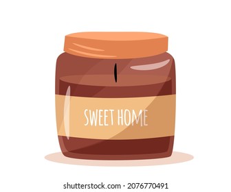 Scented candle in a jar isolated on white background. Hygge time. Cozy aroma candle. Hand drawn flat vector illustration.