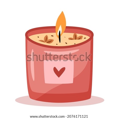 Scented candle in a jar isolated on white background. Hygge time. Cozy aroma candle. Hand drawn flat vector illustration.