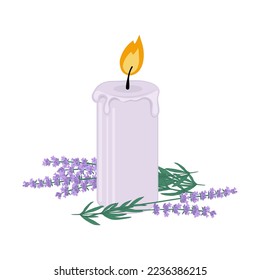 Scented candle with lavender isolated on white background. Hygge home hand drawn vector illustration.