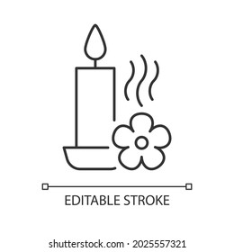 Scented candle linear manual label icon. Fragrant oils, wax mixture. Thin line customizable illustration. Contour symbol. Vector isolated outline drawing for product use instructions. Editable stroke