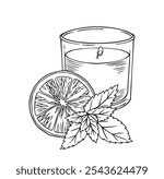 scented candle with orange and mint. vector illustration in sketch style.