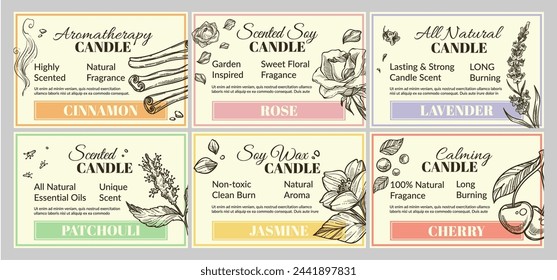 Scented candle packaging design, product label set. Template tag collection with hand drawn elements. Aromatherapysoy wax candle with cinnamon, rose, lavender and patchouli calming essential oil