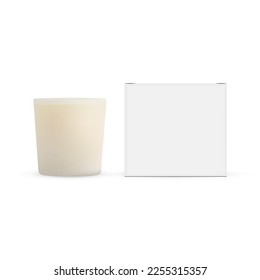 Scented Candle With Paper Packing Box Mockup, Front View, Isolated on White Background. Vector Illustration