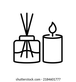 Scented Candle and Reed Diffuser Oil Line Icon. Aromatherapy Linear Pictogram. Aroma Therapy Stick and Fragrance Candle in Glass Outline Icon. Editable Stroke. Isolated Vector Illustration.