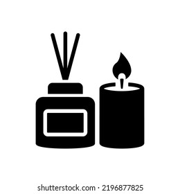 Scented Candle and Reed Diffuser Oil Silhouette Icon. Aromatherapy Pictogram. Aroma Therapy Stick and Fragrance Candle in Glass Black Icon. Isolated Vector Illustration.