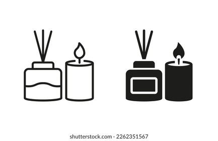 Scented Candle and Reed Diffuser Oil Silhouette and Line Icon Set. Aromatherapy Pictogram. Aroma Therapy Stick and Fragrance Candle in Glass Symbol. Editable Stroke. Isolated Vector Illustration.