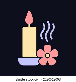 Scented candle RGB color manual label icon for dark theme. Fragrant oils. Isolated vector illustration on night mode background. Simple filled line drawing on black for product use instructions