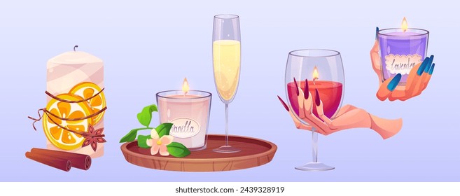 Scented candle for spa aroma therapy. Cartoon vector illustration set of aromatic wax candlelight in glass holder and in women hands, lavender and vanilla flavor, with cinnamon and orange decorations.