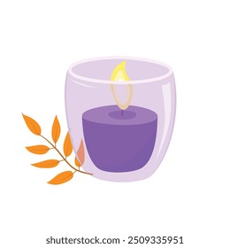 Vela perfumada vetor. Clipart de vela de aromaterapia artesanal. Elemento de outono acolhedor. Vetor plano em estilo de desenho animado isolado no fundo branco.