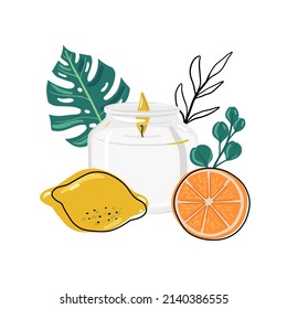 Scented candle vector illustration. Candle with lemon, orange and eucalyptus. Soy wax candle in a jar.