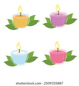 Conjunto de vetor de vela perfumada. Clipart de vela de aromaterapia artesanal. Elemento de outono acolhedor. Vetor plano em estilo de desenho animado isolado no fundo branco.