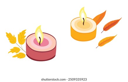 Scented candle vector set. Handmade aromatherapy candle clipart. Cozy autumn element. Flat vector in cartoon style isolated on white background.