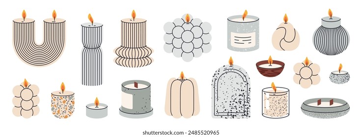 Scented candles. Aroma wax decorative candles, home interior decor and aromatherapy, light aromatic candles flat vector illustration set. Hand drawn different shapes scented candles