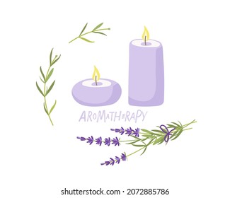 Las velas perfumadas. Aromaterapia. Composición con velas, hierba de lavanda y letras escritas a mano En tonos liales. aromaterapia en casa, decoración de hogar con higge
