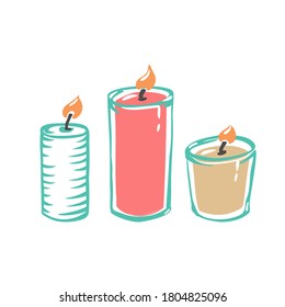 Scented candles for aromatherapy are isolated on a white background. Vector illustration with hygge home decoration, a festive decorative design element. Flat cartoon colorful illustration.