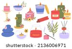 Scented candles, aromatherapy wax lit candles, cozy home accessory. Paraffin aroma therapy decorative candles vector illustration set. Cartoon aromatic candles. Aromatherapy candle relaxation
