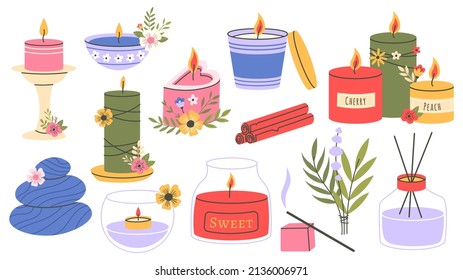 Scented candles, aromatherapy wax lit candles, cozy home accessory. Paraffin aroma therapy decorative candles vector illustration set. Cartoon aromatic candles. Aromatherapy candle relaxation