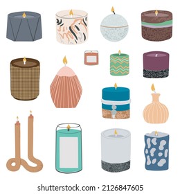 Scented candles color set. Modern aromatic decoration for cozy home interior. Candle Lights collection. Flat vector illustrations isolated on white background