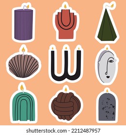 Scented candles color stickers set. Modern aromatic decoration for diary, planner and calendar. Candle Lights collection. Flat illustrations isolated on white background