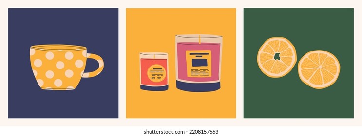 Scented candles, cut orange slices, yellow mug with polka dots. Set of autumn design elements. Vector flat isolated illustrations.