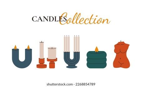 Scented candles. Decorative wax candles with wick fire different shapes, aroma therapy spa cartoon elements. Vector set