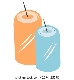 Zentrierte Kerzen, flache Vektorgrafik. Dekorative orange- und blaue Wachskerzen, einzelne Clipkunst auf weißem Hintergrund. Entspannung, Spa, Entspannung und Aromatherapie-Design-Element. Minimalismus