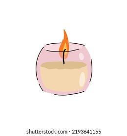 Scented candles in glass jar. Romantic Flame and fire in decorative glass. Doodle cartoon isolated on white background